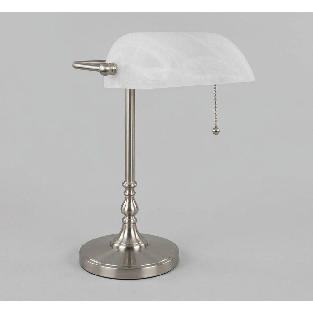 Modern Bankers Desk Lamp WORKS Brushed Nickel Alabaster Glass Shade Old Money